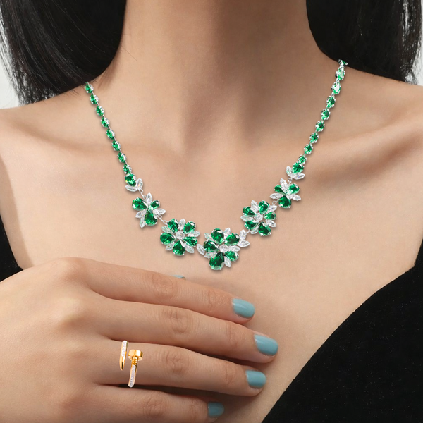Emerald Crystal Floral Necklace & Earrings Set for Women