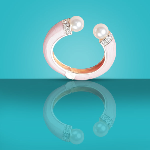 Soft Pink Enamel Pearl Open Cuff Bracelet for Women