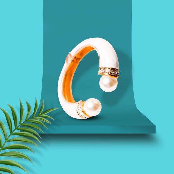White Enamel Pearl Open Cuff Bracelet for Women
