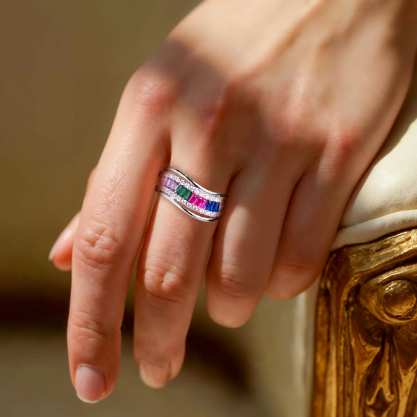 Rainbow Crystal Silver Statement Ring