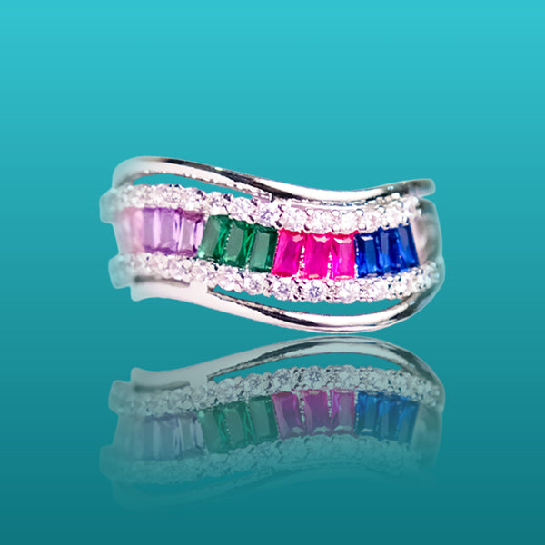 Rainbow Crystal Silver Statement Ring