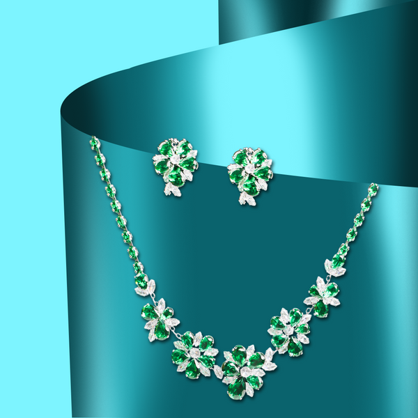 Emerald Crystal Floral Necklace & Earrings Set for Women