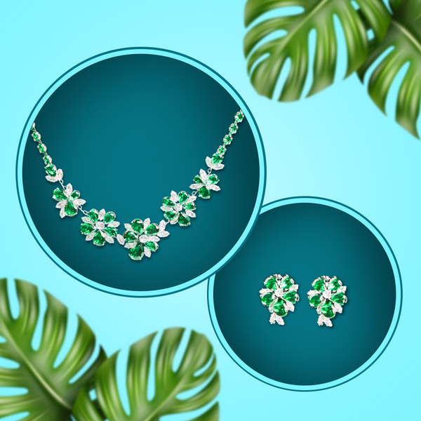 Emerald Crystal Floral Necklace & Earrings Set for Women