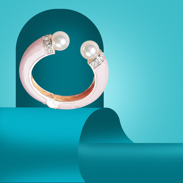 Soft Pink Enamel Pearl Open Cuff Bracelet for Women