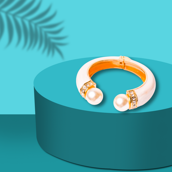 White Enamel Pearl Open Cuff Bracelet for Women