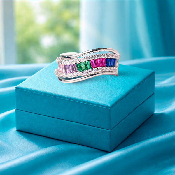 Rainbow Crystal Silver Statement Ring